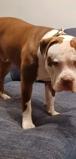 Cute bulldog lounging on a blue couch.