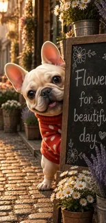 A cute bulldog beside a chalkboard with flowers in a picturesque street.