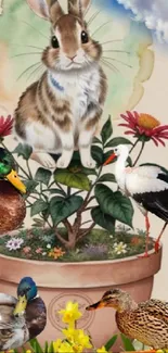 A cute bunny in a pot surrounded by colorful flowers on wallpaper.