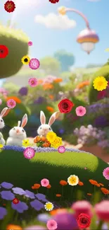 Bunnies in a vibrant, flower-filled garden scene.