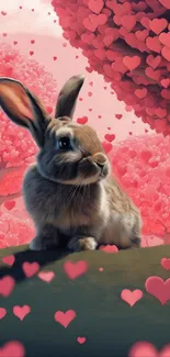 Adorable bunny with pink heart trees wallpaper.