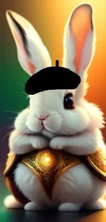 Cute bunny in armor with vibrant background.