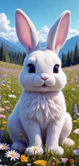 Adorable white bunny sitting in a colorful flower field with mountains in the background.