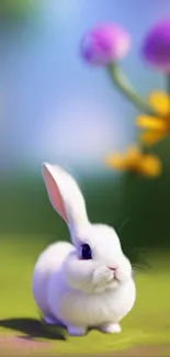 Charming bunny in a vibrant spring flower meadow background.