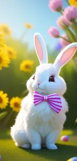 Adorable bunny with flowers and eggs in a vibrant spring setting.