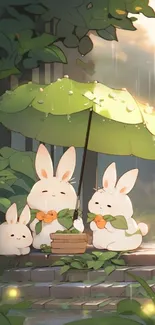 Cute bunnies under a leafy umbrella art.