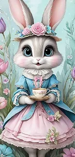 Charming bunny holding a teacup, wearing vintage dress, surrounded by flowers.