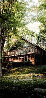 Cabin nestled in a lush green forest.