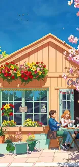 Outdoor seating at a vibrant cafe with flowers and friends under a clear sky.