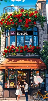 Charming street cafe with elegant floral decor and a couple outside.