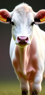 Charming white calf standing calmly on a natural backdrop.