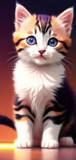 Charming calico kitten with bright blue eyes on a vibrant background.