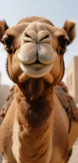 Close-up of a charming camel in a street setting.