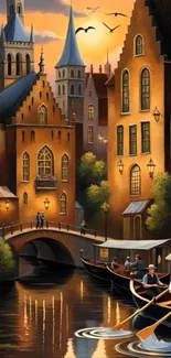 Charming cityscape with canals and historic architecture in sunset lighting.