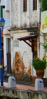 Vintage canal street view with rustic architecture and vibrant colors.