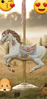 Whimsical carousel horse with emoji accents.