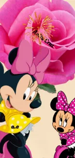 Cartoon characters with pink rose wallpaper.