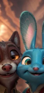 Smiling cartoon wolf and blue bunny with vibrant background.