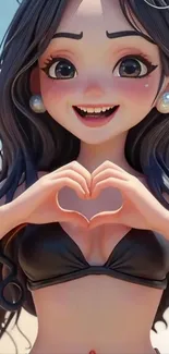 Cheerful cartoon character at the beach making a heart gesture.