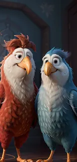 Cartoon birds in a warmly lit room, standing together, displaying colorful feathers.