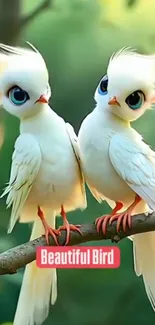 Two charming cartoon birds on a branch.