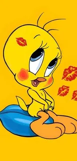 Cute cartoon bird with kiss marks on yellow background.