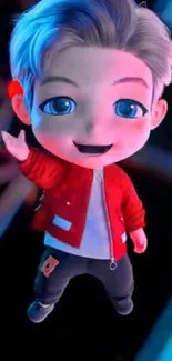 Charming cartoon boy in red jacket with blue eyes on a vibrant background.