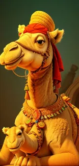 Cartoon camel with calf, adorned in colorful accessories.