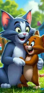 Cartoon cat and mouse in joyful embrace.