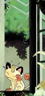 Cartoon cat sitting by a green window with foliage.