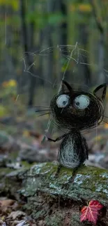 Cartoon cat sitting in a rainy forest scene.