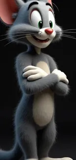 Cartoon cat with a playful smile standing on a dark background.