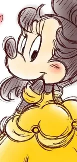 Charming cartoon sketch in yellow dress on mobile wallpaper.