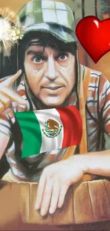 Mobile wallpaper with cartoon character, Mexican flag, and heart.