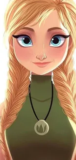 Blonde cartoon character with braids and blue eyes in a stylish illustration.