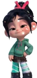 Cute cartoon character with green hoodie and playful look from animated film.