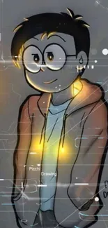 Cartoon character in hoodie with glowing heart and light.