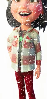 Charming animated cartoon character in vibrant attire and raindrop effect.