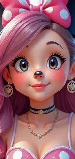 Cute cartoon character with pink hair and big eyes on a phone wallpaper.