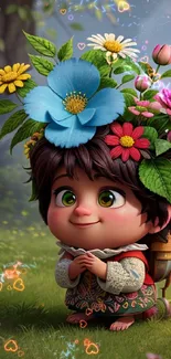 Whimsical cartoon child with a vibrant floral headdress in a lush green setting.