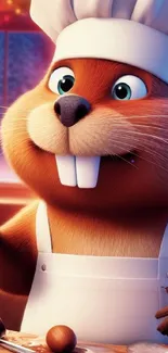 Animated cartoon chef animal in a playful kitchen setting.