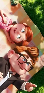 Animated couple lying on grass with smiles.