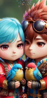 Cute cartoon couple holding colorful birds.