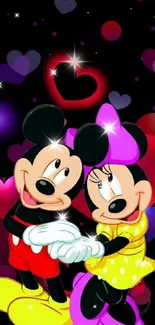 Cartoon couple with colorful hearts wallpaper.