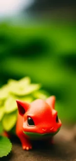 Red cartoon creature in lush green background.