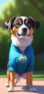 Charming cartoon dog in blue jacket with lush green background.