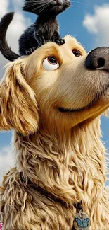 Cartoon dog with black cat on its head, sky background.