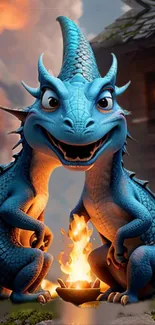 Playful cartoon blue dragon by a fire.