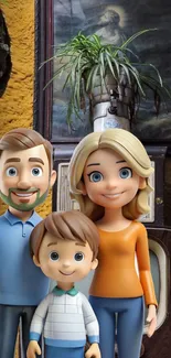 Cartoon family of three in a colorful setting.