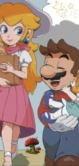 Cartoon family on a cheerful walk.